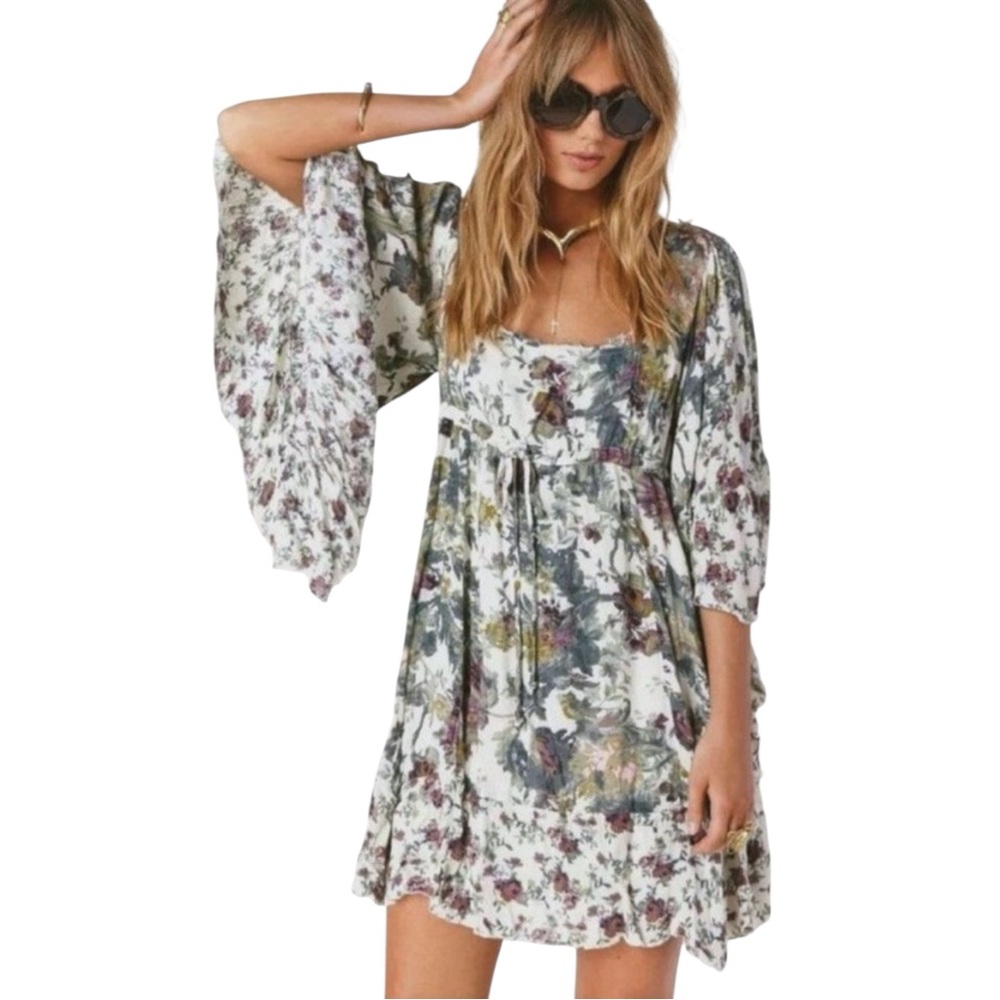 Free People Heart of Gold Bohemian Floral Butterfly Sleeve Mini Dress Size S